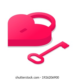 Heart lock with key to it. 3d icons of red heart in lock shape, and old key. eternal love concept.vector illustration in isometric style. isolated on white background