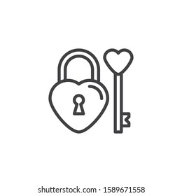 Heart lock and key line icon. linear style sign for mobile concept and web design. Heart key and padlock outline vector icon. Love symbol, logo illustration. Vector graphics