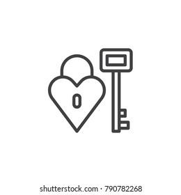 Heart lock with key line icon, outline vector sign, linear style pictogram isolated on white. valentines day symbol, logo illustration. Editable stroke