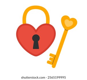 Heart lock and key. Love icon. Romantic symbol. Valentine's day sticker. Flat Vector illustration isolated on white background 