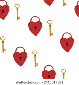Heart Lock and key seamless pattern. Valentine day wallpaper. Hand drawn cartoon cute background in retro vintage style. Childish drawing style. Love Hearts Valentine’s Day vector illustration.