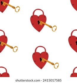 Heart Lock and key seamless pattern. Valentine day wallpaper. Hand drawn cartoon cute background in retro vintage style. Childish drawing style. Love Hearts Valentine’s Day vector illustration.