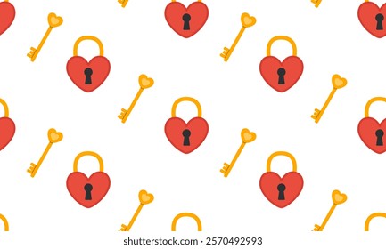 Heart lock and key Seamless pattern. Love concept. Romantic symbol. Valentine's day background. Flat Vector illustration