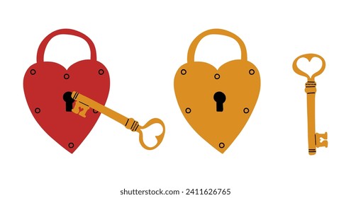 Heart Lock and key. Valentine day collection. Hand drawn cartoon cute elements in retro vintage style. Childish drawing set. Love Hearts Valentine’s Day vector illustration.