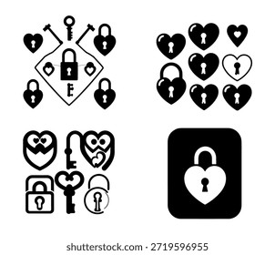 Cerradura de corazón y llave Vector - cerraduras y llaves en forma de corazón con símbolos de amor y seguridad