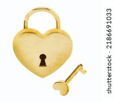 Heart lock and key vector picture. Padlock on white background. Valentine day decoration. Wedding. Padlock hand drawn. Cartoon lock and key. Clipart for logo, greeting card and decoration.