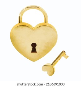 Heart lock and key vector picture. Padlock on white background. Valentine day decoration. Wedding. Padlock hand drawn. Cartoon lock and key. Clipart for logo, greeting card and decoration.