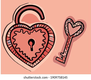 Heart lock with keyhole and decorative key vector icon on pink background 