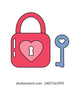 Heart lock and keyhole with key groovy retro style. Open your heart. Romantic concept, symbol of love for Valentine's Day.