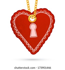 Heart lock. Label tag hanging on golden chain. Red design element isolated on white. Vector illustration