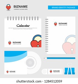 Heart lock Logo, Calendar Template, CD Cover, Diary and USB Brand Stationary Package Design Vector Template