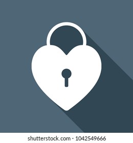 heart lock, padlock. simple silhouette. White flat icon with long shadow on background