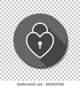 heart lock, padlock. simple silhouette. White flat icon with long shadow in circle on transparent background