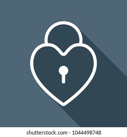 heart lock, padlock. simple silhouette. White flat icon with long shadow on background