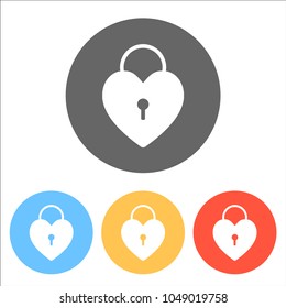 heart lock, padlock. simple silhouette. Set of white icons on co