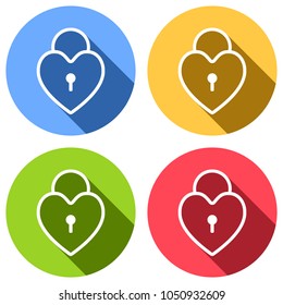heart lock, padlock. simple silhouette. Set of white icons with long shadow on blue, orange, green and red colored circles. Sticker style