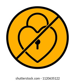 heart lock, padlock. simple silhouette. not allowed, black object in warning sign with orange background color