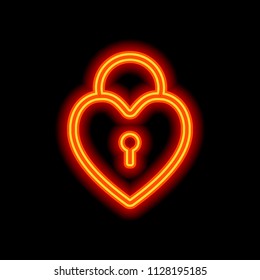 heart lock, padlock. simple silhouette. Orange neon style on black background. Light icon