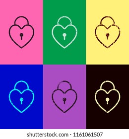 heart lock, padlock. simple silhouette. Pop art style. Scratched icons on 6 colour backgrounds. Seamless pattern