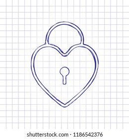 heart lock, padlock. simple silhouette. Hand drawn picture on paper sheet. Blue ink, outline sketch style. Doodle on checkered background