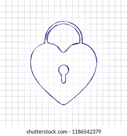 heart lock, padlock. simple silhouette. Hand drawn picture on paper sheet. Blue ink, outline sketch style. Doodle on checkered background