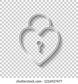 heart lock, padlock. simple silhouette. White outline sign with shadow on transparent background