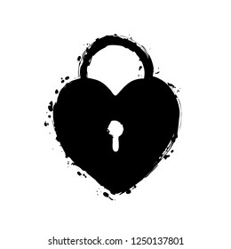 heart lock, padlock. simple silhouette. Black ink with splashes on white background