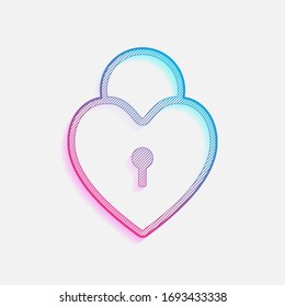 heart lock, padlock. simple silhouette. Colored logo with diagonal lines and blue-red gradient. Neon graphic, light effect