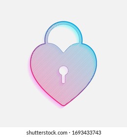 heart lock, padlock. simple silhouette. Colored logo with diagonal lines and blue-red gradient. Neon graphic, light effect