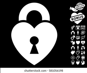 Heart Lock pictograph with bonus passion pictures. Vector illustration style is flat iconic white symbols on black background.