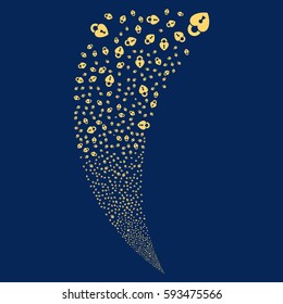 Heart Lock random fireworks stream. Vector illustration style is flat yellow iconic symbols on a blue background. Object fountain constructed from scattered icons.