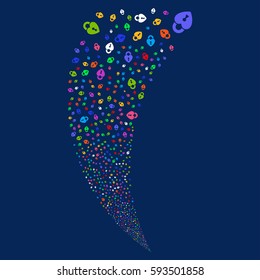 Heart Lock random fireworks stream. Vector illustration style is flat bright multicolored iconic symbols on a blue background. Object fountain constructed from scattered symbols.