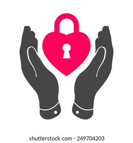 heart lock shape icon in careful hands - vector illustration