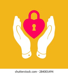 heart lock shape icon in careful hands