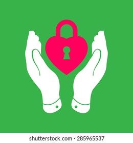 heart lock shape icon in careful hands