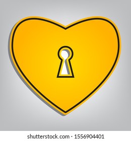 Heart with lock sign. Flat orange icon with overlapping linear black icon with gray shadow at whitish background. Illustration.