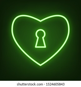 Heart with lock sign. Green neon icon in the dark. Blurred lightening. Illustration.