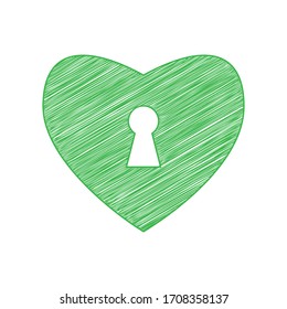 Heart with lock sign. Green scribble Icon with solid contour on white background. Illustration.