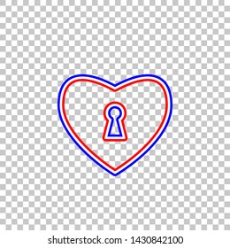 Heart with lock sign. Red, white and contour icon at transparent background. Illustration.