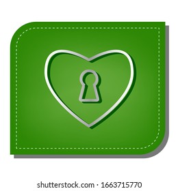 Heart with lock sign. Silver gradient line icon with dark green shadow at ecological patched green leaf. Illustration.