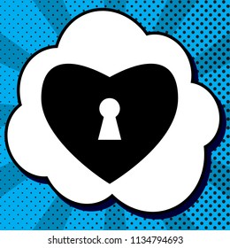 Heart with lock sign. Vector. Black icon in bubble on blue pop-art background with rays.