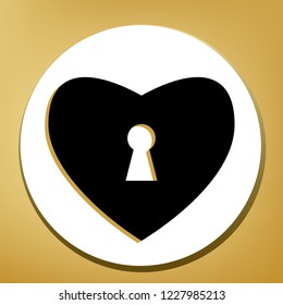 Heart with lock sign. Vector. Black icon with light brown shadow in white circle with shaped ring at golden background.