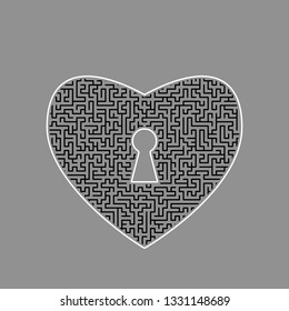 Heart with lock sign. Vector. Black maze filled icon with white border at gray background.