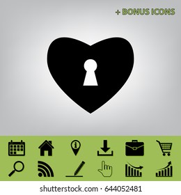 Heart with lock sign. Vector. Black icon at gray background with bonus icons 