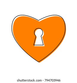 Heart with lock sign. Vector. Black line icon with shifted flat orange filled icon on white background. Isolated.