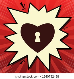 Heart with lock sign. Vector. Dark red icon in lemon chiffon shutter bubble at red popart background with rays.