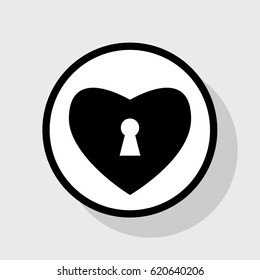 Heart with lock sign. Vector. Flat black icon in white circle with shadow at gray background.