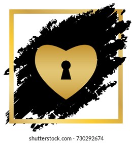 Heart with lock sign. Vector. Golden icon at black spot inside golden frame on white background.