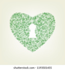 Heart with lock sign. Vector. Green hexagon rastered icon and noised opacity and size at light green background with central light.