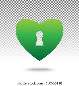 Heart with lock sign. Vector. Green gradient icon with shadow at bottom on transparent and white background.